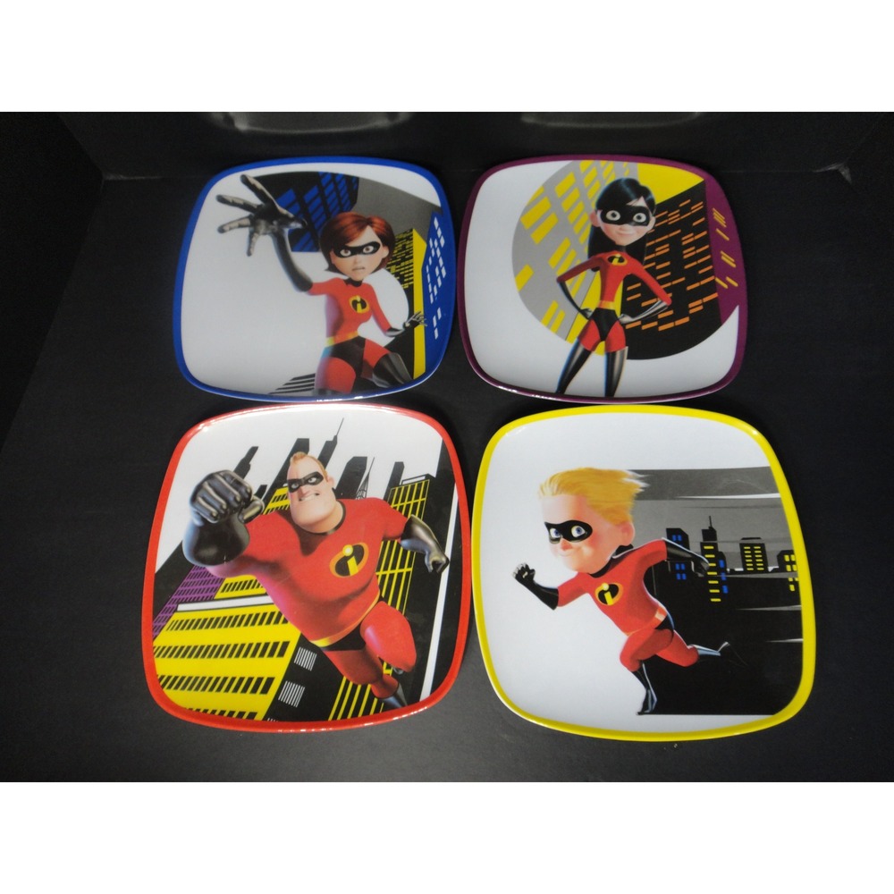 Disney Store The Incredibles Melamine Square Dinner Plates Set of 4 Multicolor